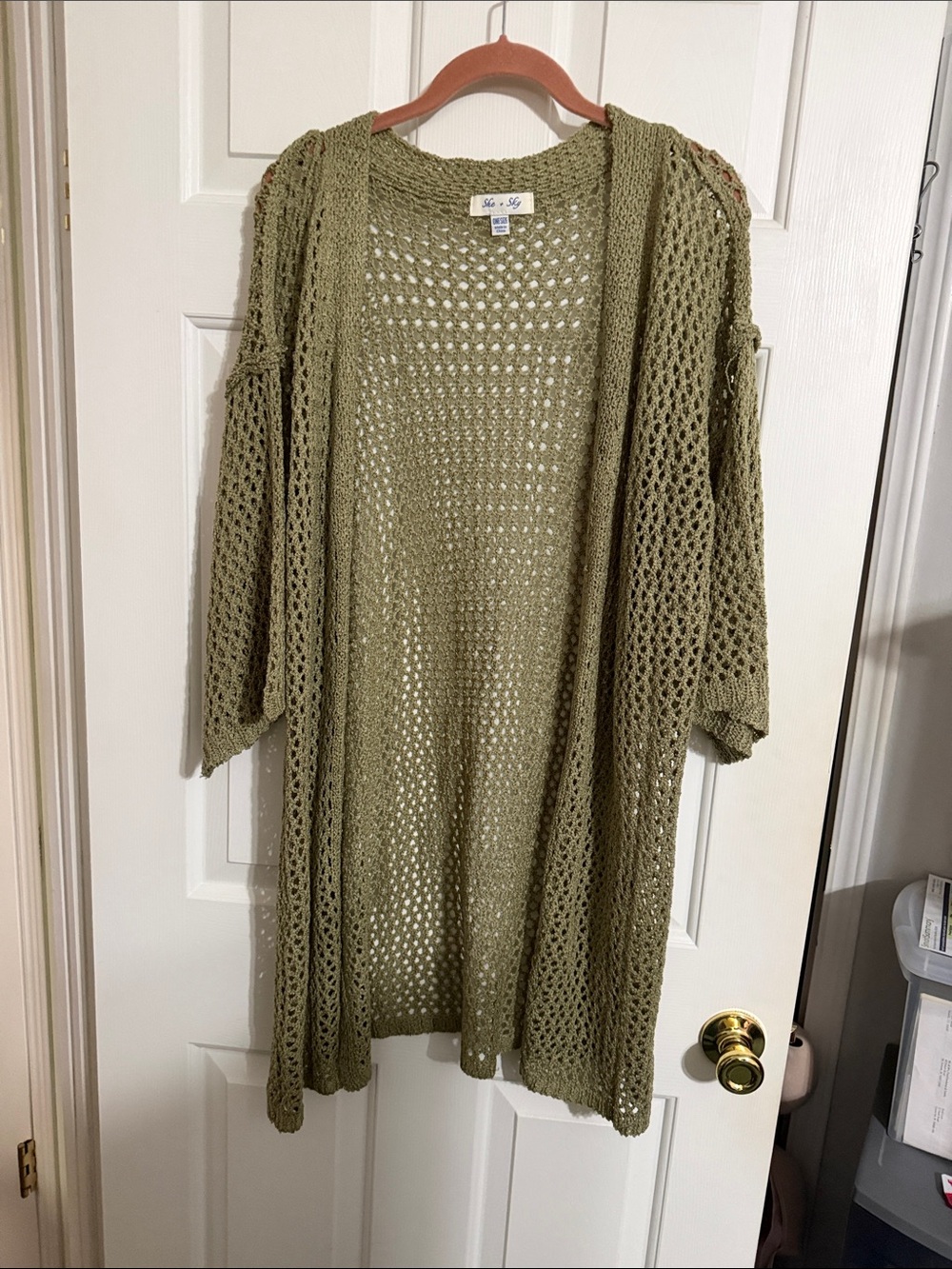 She + Sky Olive Open-Weave Knit Cardigan